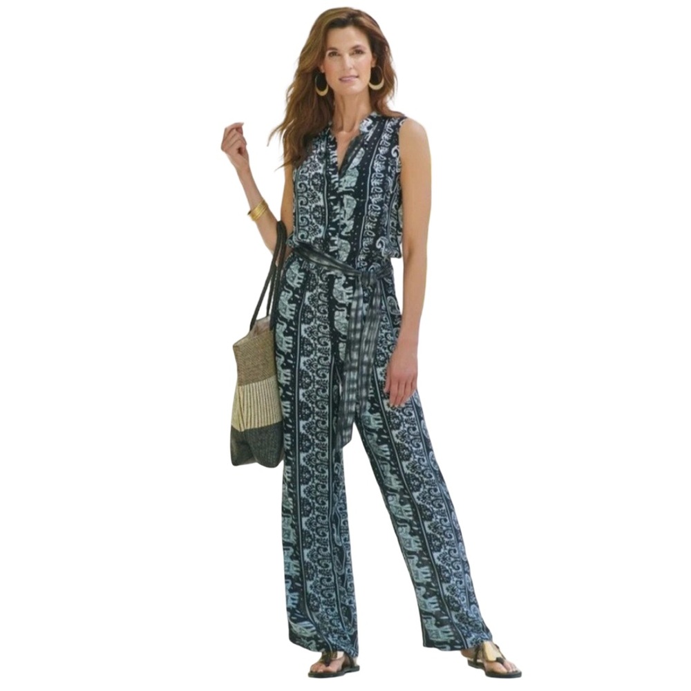 NWT Soft Surroundings Black & Grey Elephant Print "Sydney" Sleeveless Jumpsuit